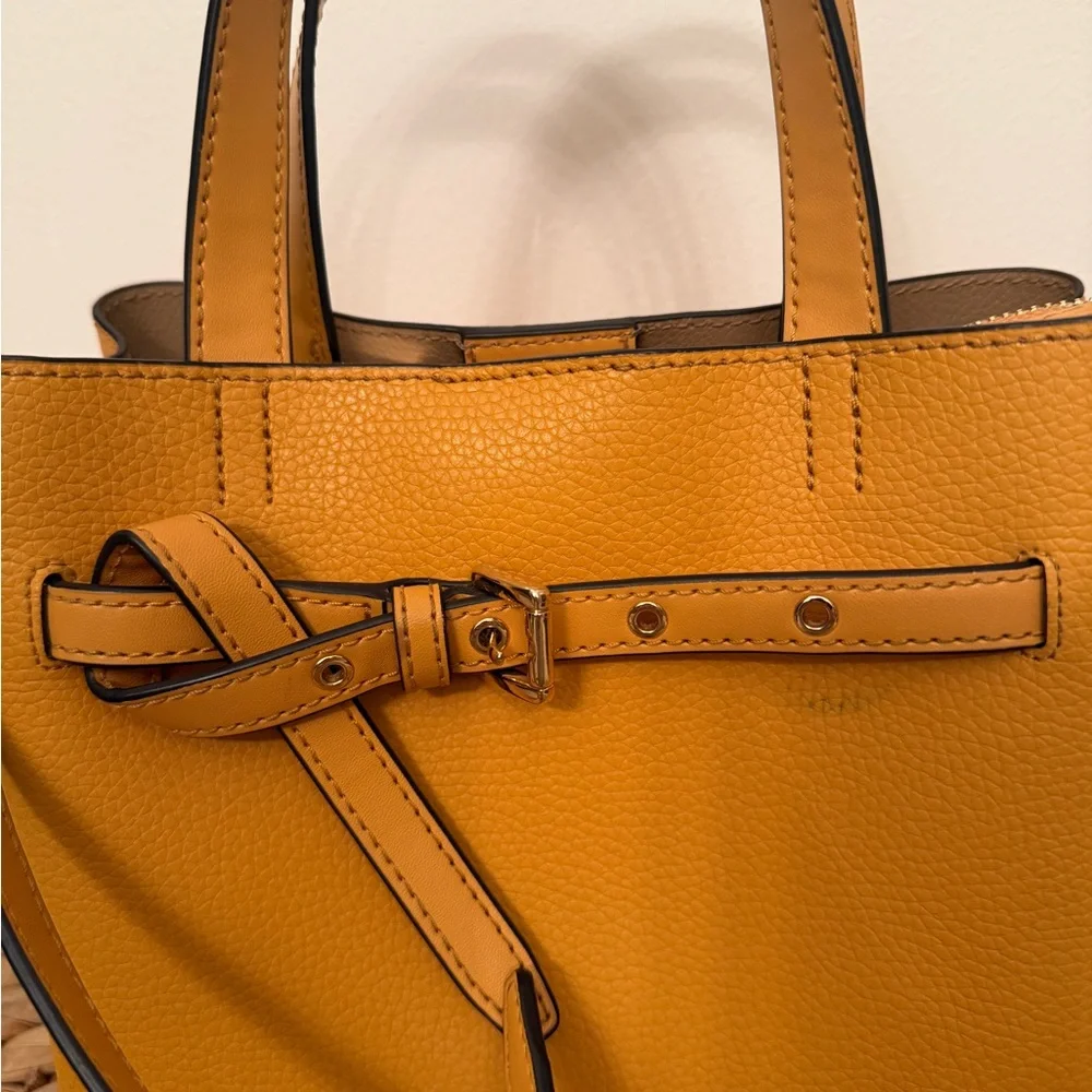 Michael Kors Emilia Mustard Yellow Pebbled Leather Belted Crossbody Satchel Bag